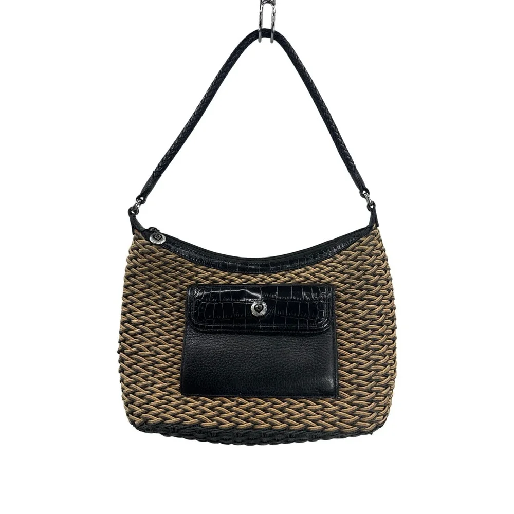 Brighton Woven Shoulder Bag Black Leather Pocket Tan Hobo Purse